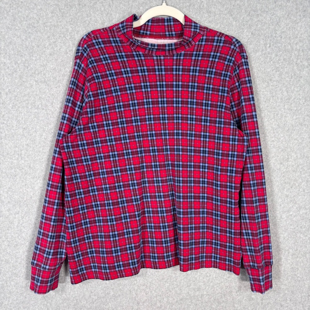 Lands End Tartan Plaid Mock Neck Shirt Large Red Blue Base Layer 100%‎ Cotton